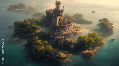 An ancient castle in the thickets of a forest on a rocky island in the middle of the ocean. photo