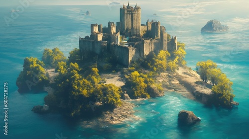 An ancient castle in the thickets of a forest on a rocky island in the middle of the ocean.
