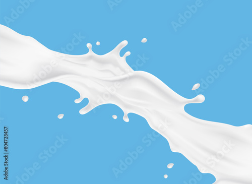 Milk splash pattern. 3d realistic white yogurt wave border on blue background. Vector milky flow package design