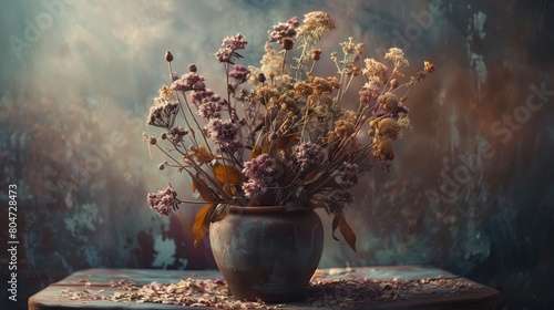 Dried flowers in a pot against the background of an old wall #804728473