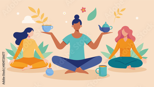 Through the practice of yoga and the consumption of herbal teas participants find balance and harmony within themselves.. Vector illustration