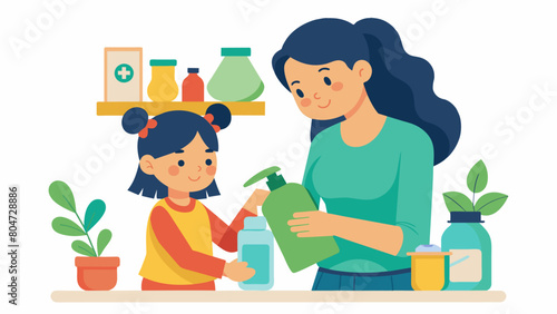A mother and daughter carefully reading labels and selecting ecofriendly cleaning products that are safe for their family and the environment.. Vector illustration