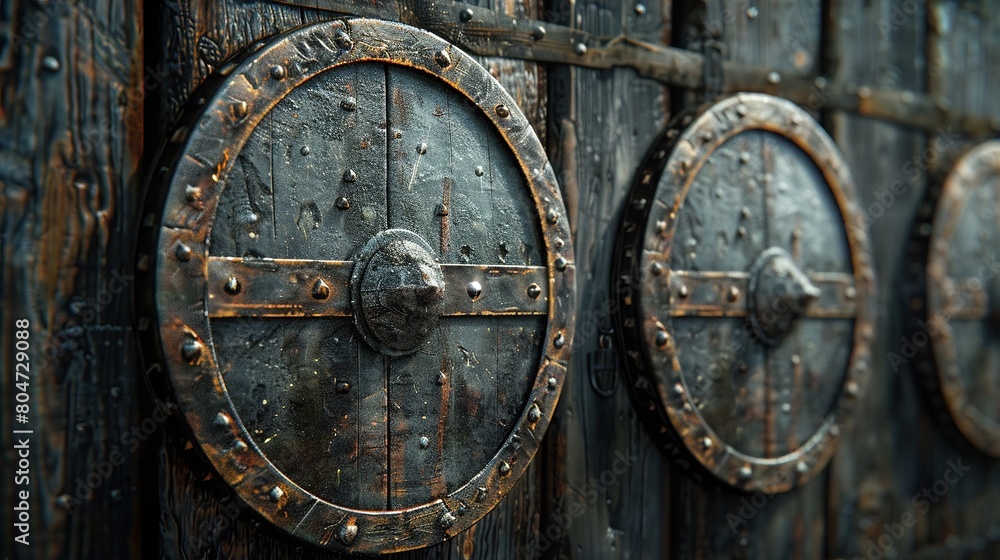 Realistic 3D ancient circle shields, detailed metal and wood textures, minimal rustic background, crisp ambient light