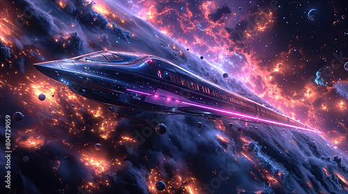 Futuristic High-speed galaxy train Spaceship Speeding Through a Vibrant Galactic Nebula, Space Travel and Exploration