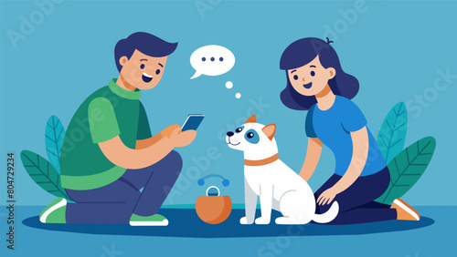 Two pets playing together with customized smart toys while their owner controls the settings from their phone in the background.. Vector illustration