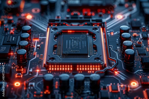 An abstract background with an electronic board and a CPU in a dark blue color