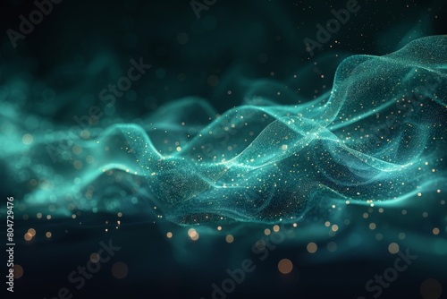 A digital green blue curve and sound wave pattern element are abstract digital artworks