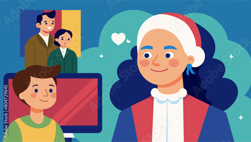 A woman smiles with pride as she watches her elderly father virtually participate in the First Continental Congress fulfilling his lifelong dream of. Vector illustration