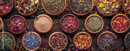 Various dried herbs and flowers beautifully arranged for herbal tea preparation on a rustic wooden surface.