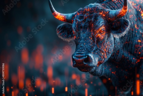 Combined shape of a bull, candlesticks, and icons of business finance to show bullishness on the stock market exchange