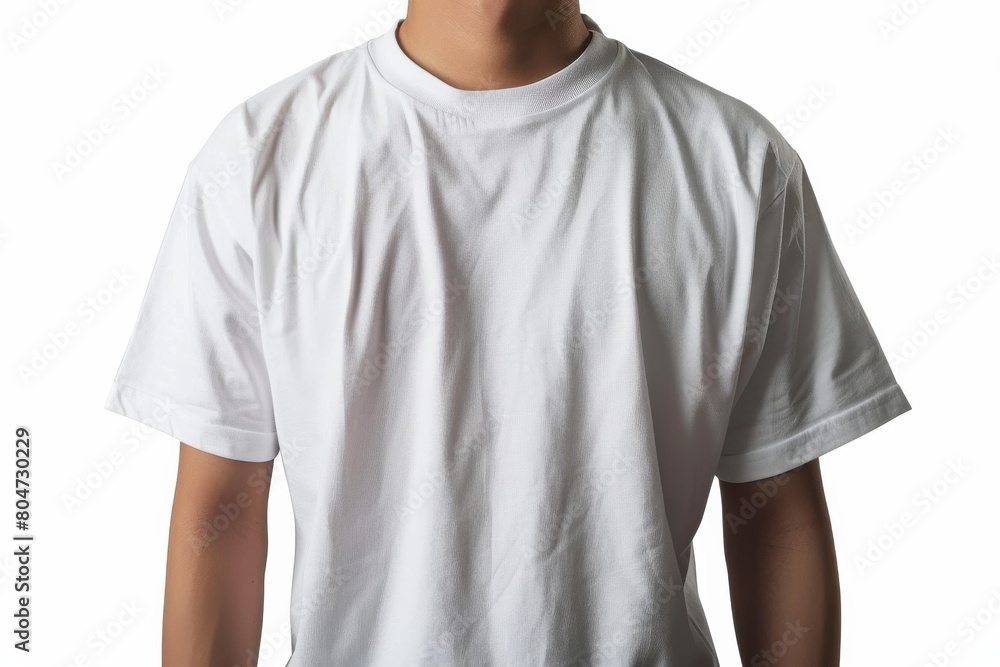This high-resolution shot captures a plain white t-shirt on a man, ideal for fashion mockups and design This high-resolution shot captures a plain white t-shirt on a man, ideal for fashion mockups and design