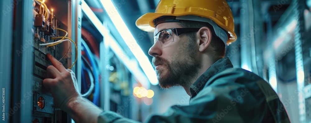 electrician is caught in the act of working on complex circuit board wiring, showcasing expertise and focus. electrician is caught in the act of working on complex circuit board wiring, showcasing expertise and focus.
