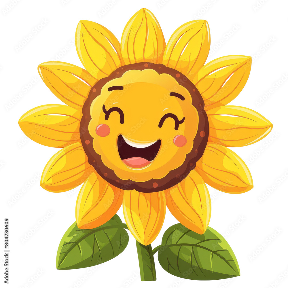 A beautiful sunflower with a happy face. It has bright yellow petals and a brown center. The sunflower is surrounded by green leaves.