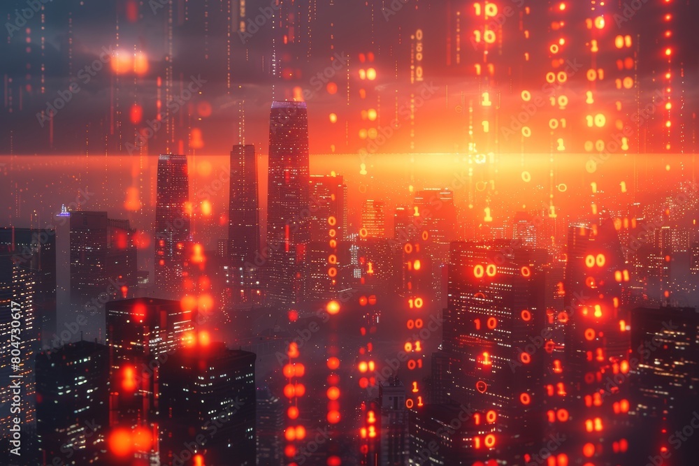 An internet-connected smart city with a binary code-shaped building