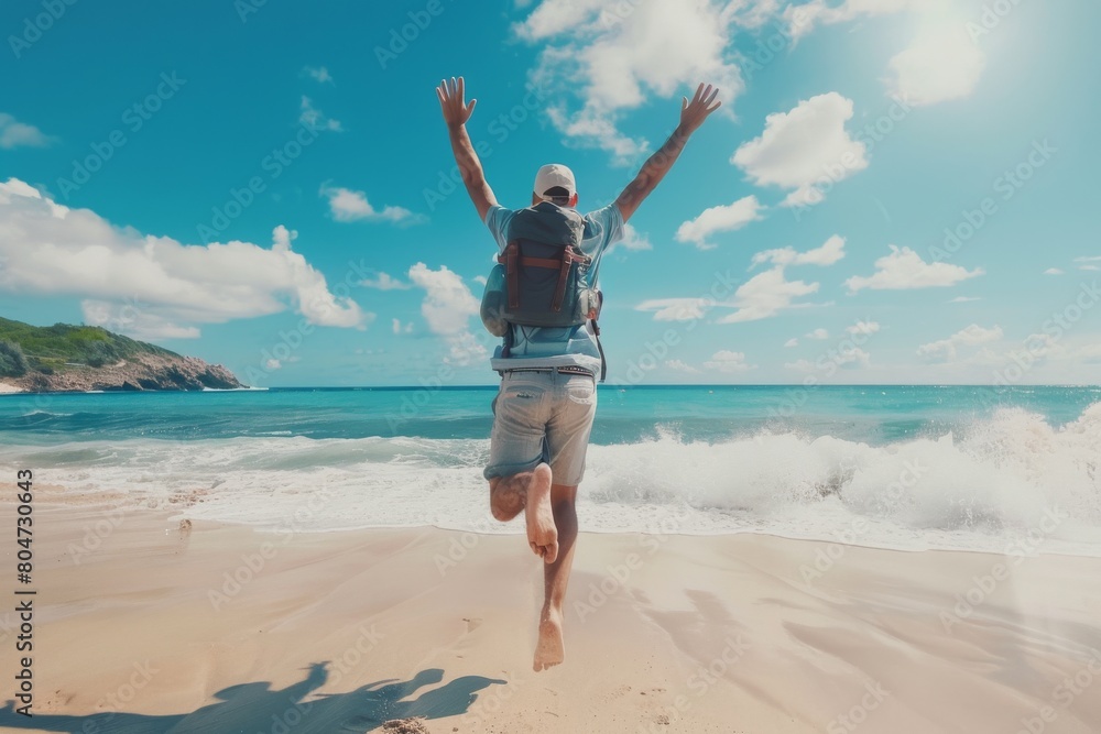 An exuberant man jumps in the air on a beautiful tropical beach, symbolizing freedom and joy An exuberant man jumps in the air on a beautiful tropical beach, symbolizing freedom and joy