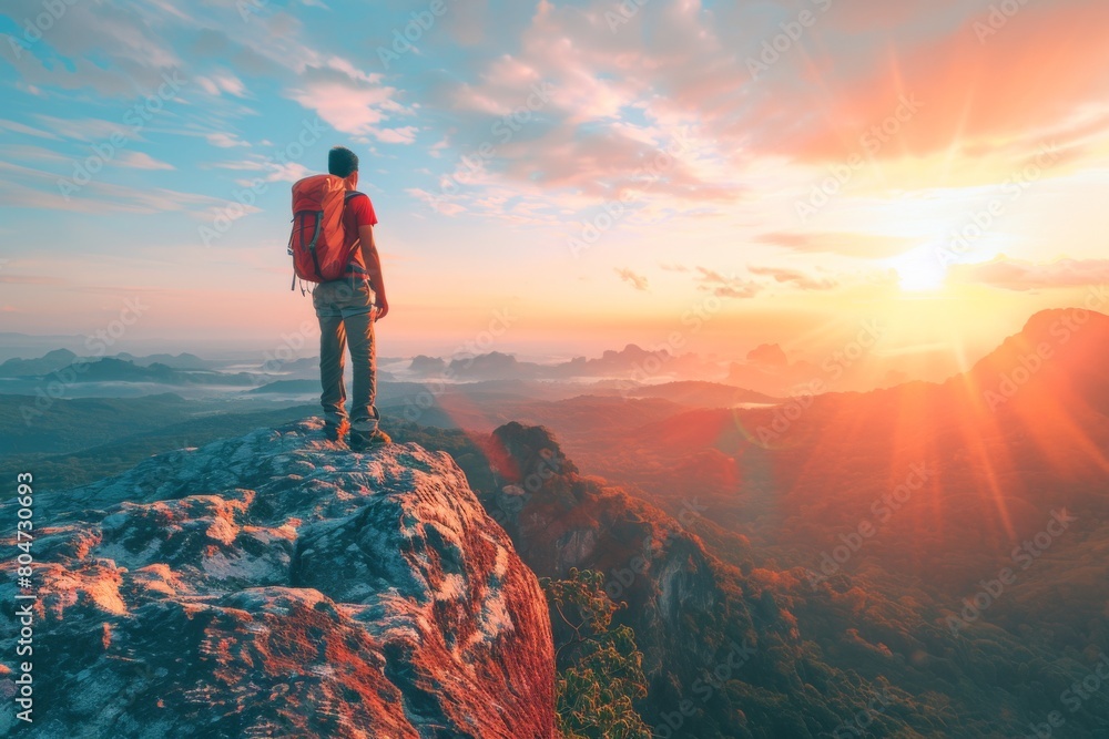 A lone explorer stands atop a rugged peak to witness the breathtaking sunrise over a vast mountain range A lone explorer stands atop a rugged peak to witness the breathtaking sunrise over a vast mountain range