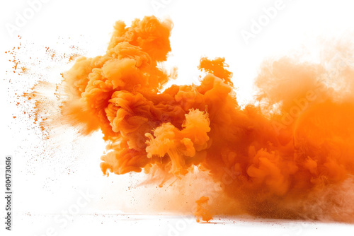 Bright orange smoke cloud explosion on transparent background.
