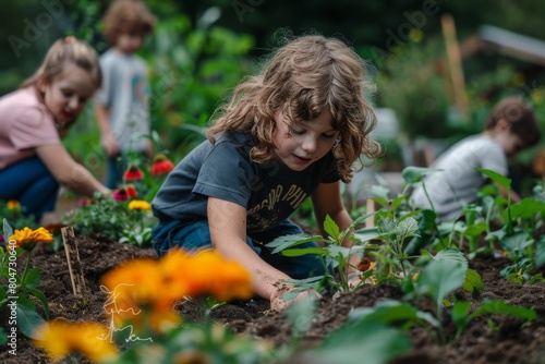 A focused child planting flowers, showing learning and growth in a community garden