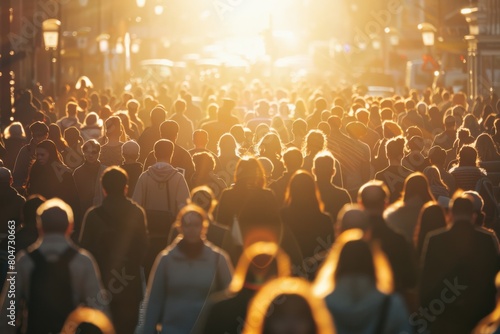 An atmospheric shot capturing the busy ambience of city life as crowds are silhouetted against a sunset, symbolizing urban hustle and end-of-day routine