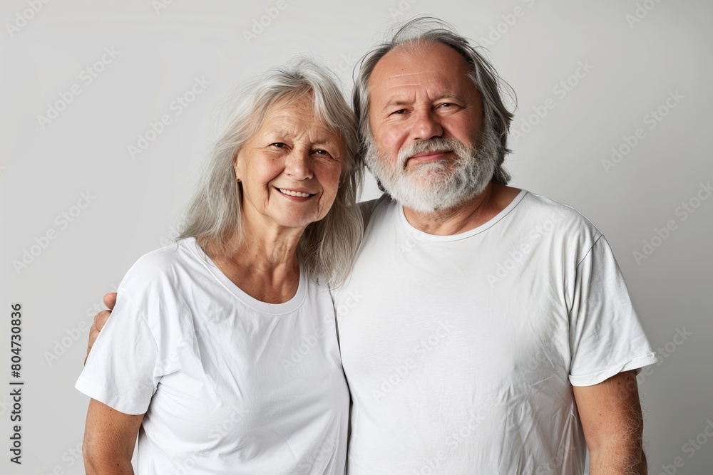 Loving senior couple dressed casually in white t-shirts and looking content together in a studio setting Loving senior couple dressed casually in white t-shirts and looking content together in a studio setting