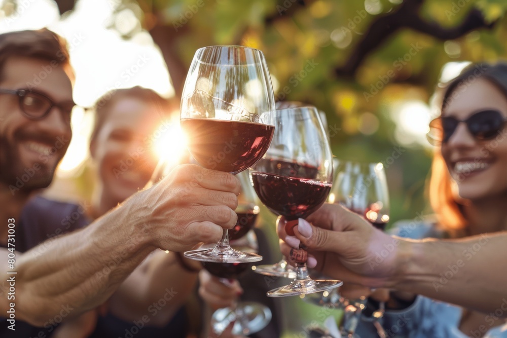 Friends enjoying a celebratory moment with a toast of red wine glasses in an outdoor vineyard setting during sunset Friends enjoying a celebratory moment with a toast of red wine glasses in an outdoor vineyard setting during sunset