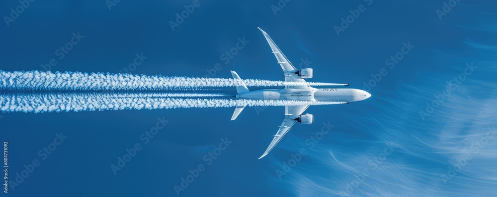 Clear, crisp image of an airplane high in the sky, leaving a long contrail behind, set against a deep blue. Clear, crisp image of an airplane high in the sky, leaving a long contrail behind, set against a deep blue.