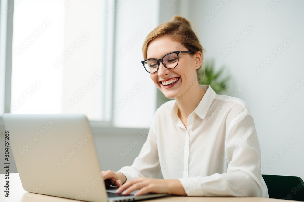 Woman Sitting at Table Using Laptop Computer Woman Sitting at Table Using Laptop Computer