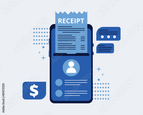 Mobile device displaying an electronic receipt. Vector image representing a financial transaction, mobile banking service, invoice.