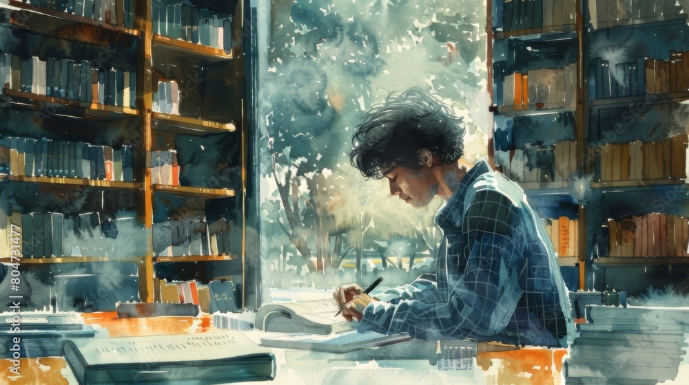 A student is sitting at a desk in a library, writing in a notebook A student is sitting at a desk in a library, writing in a notebook