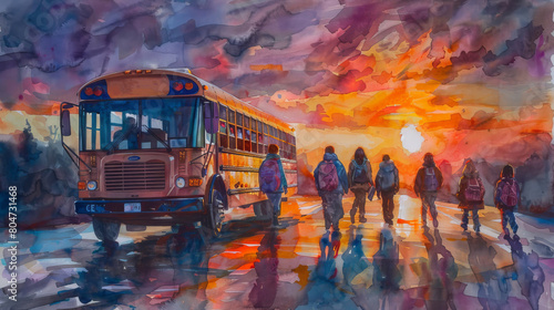 A school bus is picking up children in the evening. The sky is orange and the sun is setting. photo