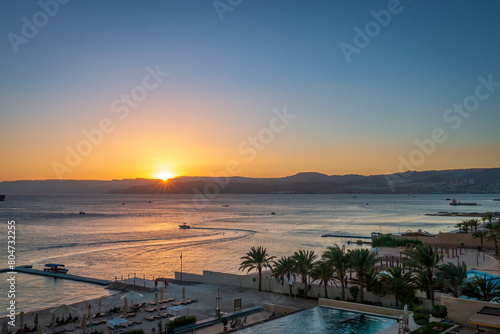 Tableau sur toile Scenic view of swimming pool and beach at Gulf of Aqaba in Aqaba, Jordan