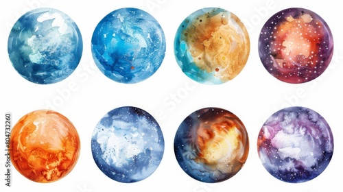 Fototapeta Naklejka Na Ścianę i Meble -  Colorful watercolor planets. Set of watercolor planets isolated on white background. Hand drawn illustration.