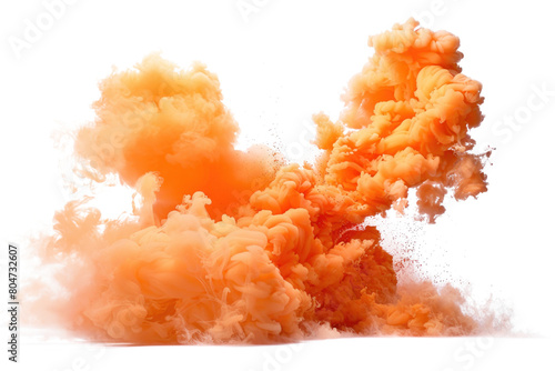 Bright orange smoke cloud explosion on transparent background.