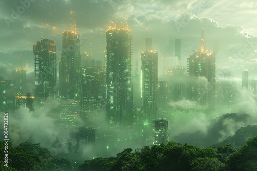 An image of a smart city or futuristic city with digital technology elements.