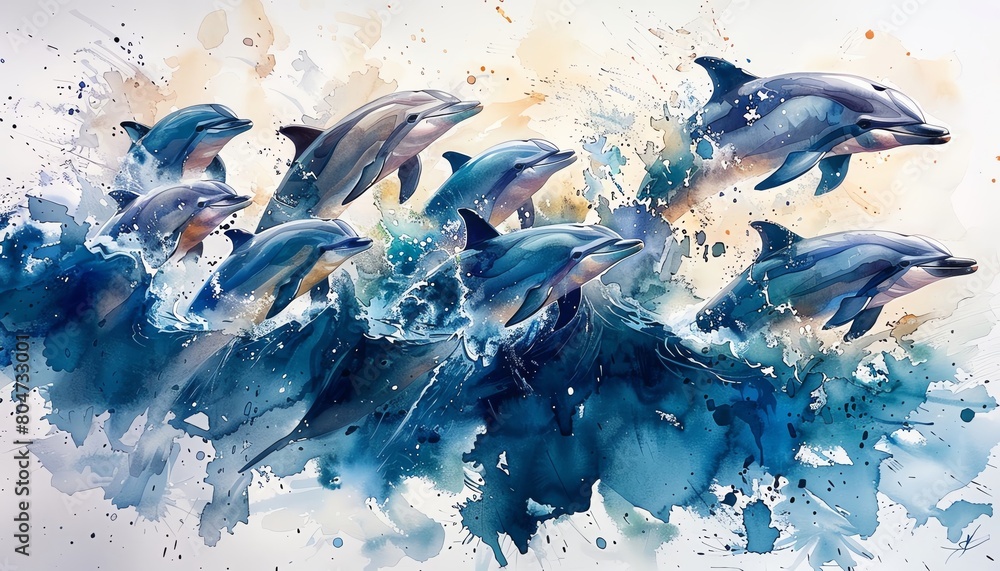 Depths Using Bird View Craft a scene of a pod of dolphins navigating the ocean depths ...