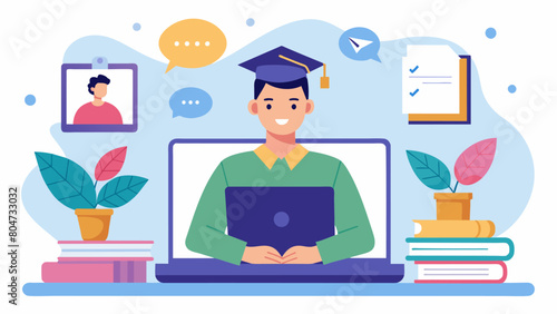A fully online university student attending a virtual lecture on their laptop with personalized access to supplementary materials and interactive. Vector illustration