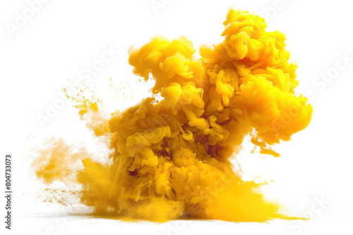 Vibrant yellow smoke cloud explosion on transparent background.