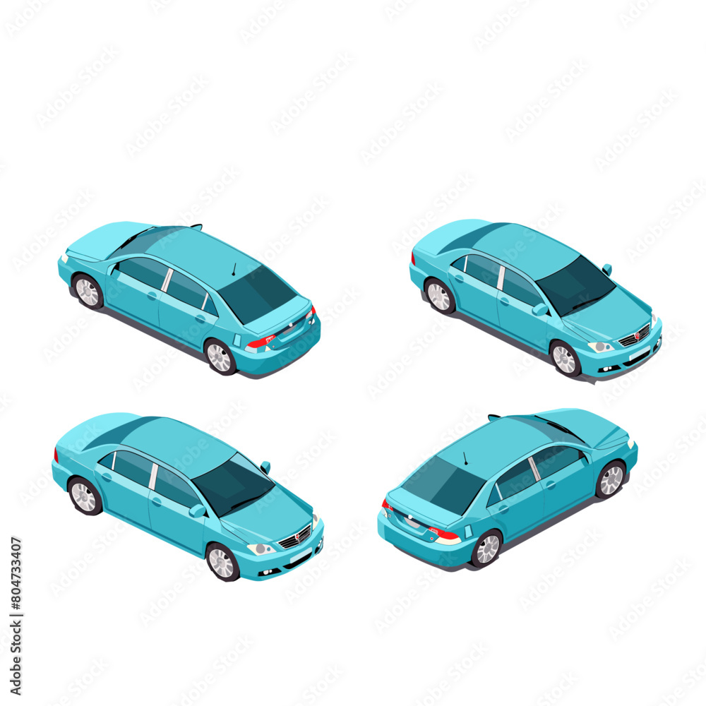 A blue car shown from four different angles