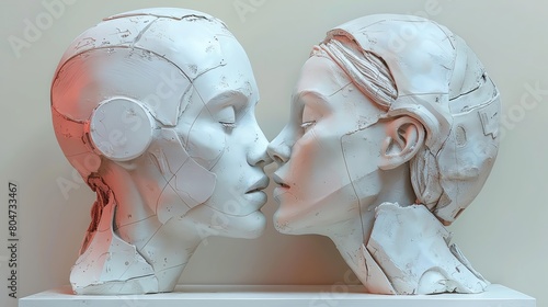 Craft a visually striking clay sculpture masterpiece that embodies the synergy between romance tales and artificial intelligence innovations Enhance the depth and emotion of the sculpture through stra photo