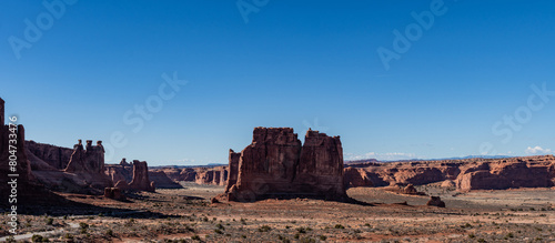 Panoramic views of the Buttes of the Courthouse Towers in Arches National park in Spring 