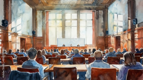 The image shows a courtroom with a judge and jury. A lawyer is presenting his case to the jury. The jury is listening attentively. The judge is looking down at the lawyer. photo