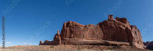 Panoramic view of Courthouse Towers on a Sunny Blue sky day in Arches National Park
