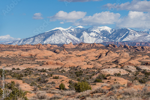 Petrified Dunes of Arches National Park with La Sal Mountains in the Distance
