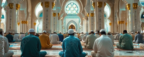 Individuals in traditional attire engaging in prayer within the sprawling, ornately decorated confines of a mosque. photo