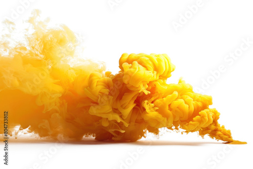 Vibrant yellow smoke cloud explosion on transparent background.