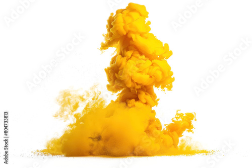 Vibrant yellow smoke cloud explosion on transparent background.