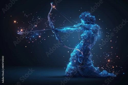 Sagittarius horoscope sign in twelve zodiac signs with galaxy stars background, graphic of low poly Greek archery with futuristic astrological elements