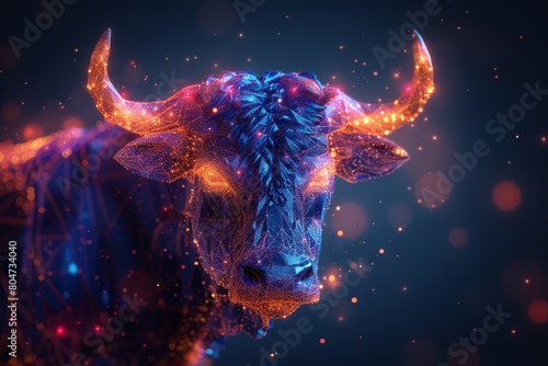 An image of a low poly bull with futuristic astrological elements featuring the Taurus horoscope sign in the twelve signs of the zodiac with a galaxy star background
