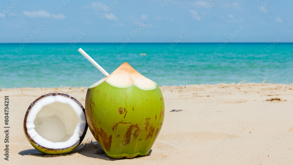 Chilled Coconut Water by the Beach. Generative Ai
