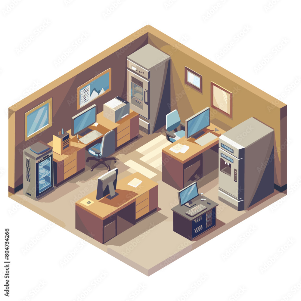 An isometric office layout with desks, chairs, computers, and a water cooler in a bright and spacious environment